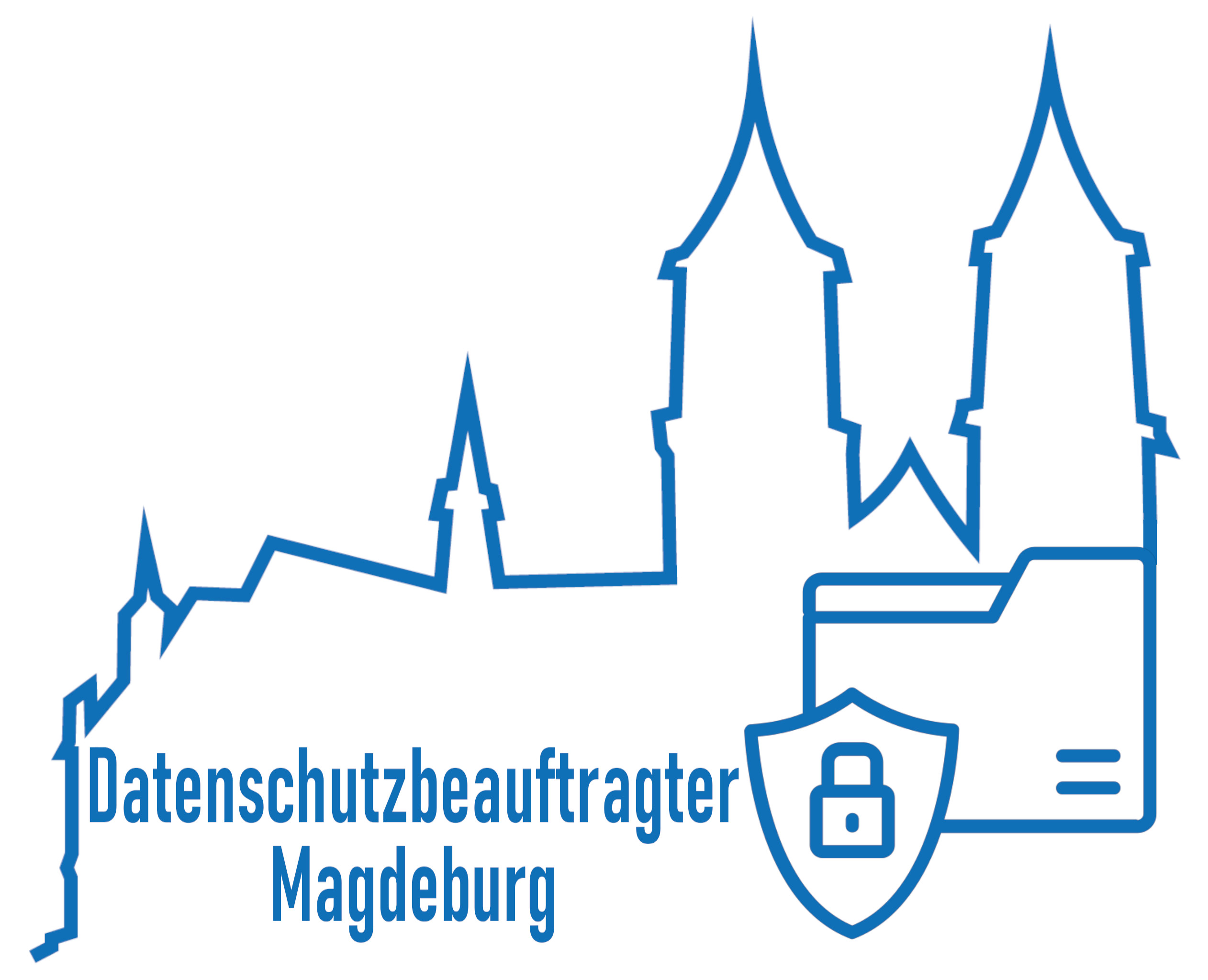 Datenschutzbeauftragter-Magdeburg.com Logo . Blauer Umriss des Doms inklusive Schriftzug und Datenschutz Symbol ( Ordner mit Schloss Wappen)