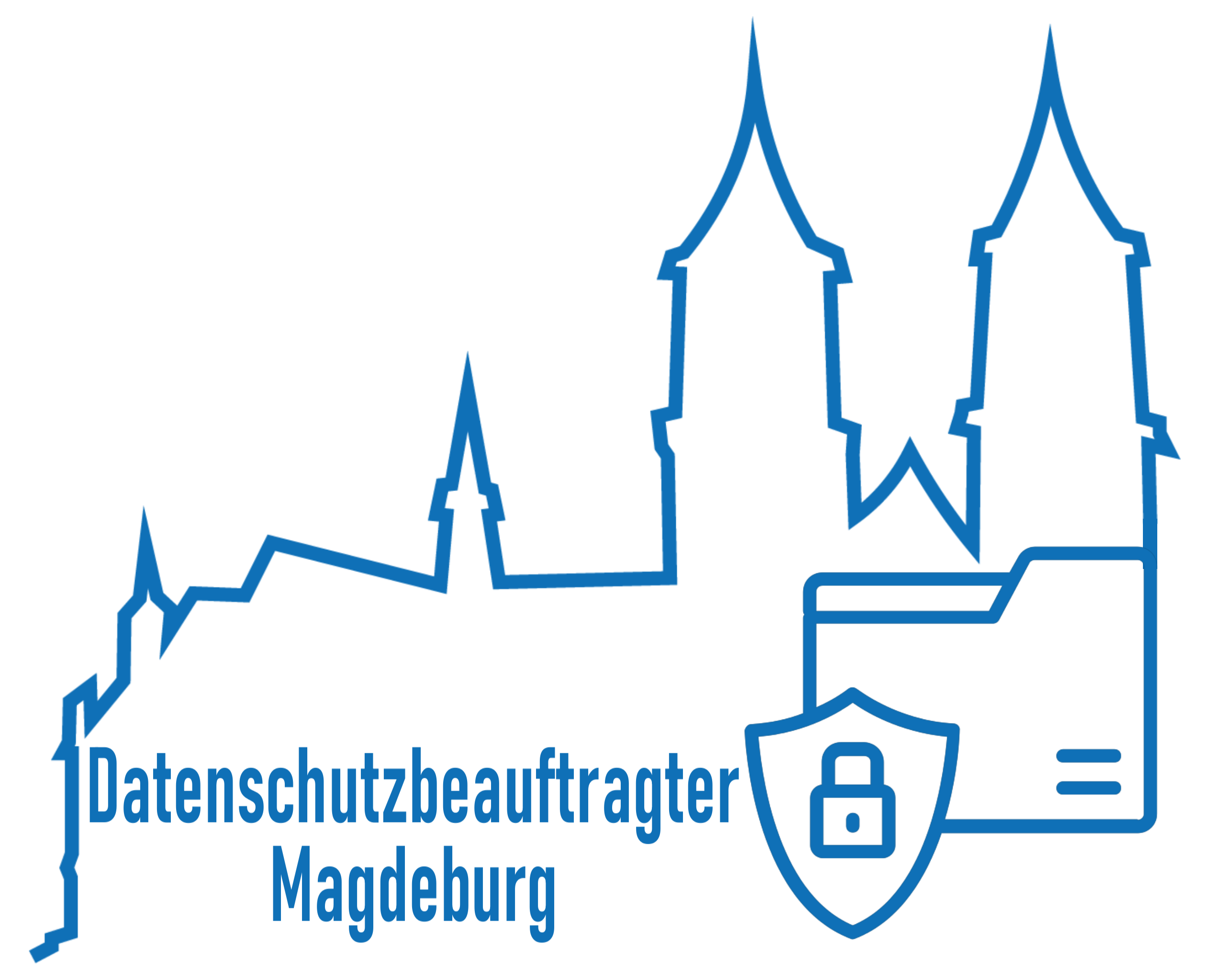 Datenschutzbeauftragter-Magdeburg.com Logo . Blauer Umriss des Doms inklusive Schriftzug und Datenschutz Symbol ( Ordner mit Schloss Wappen)